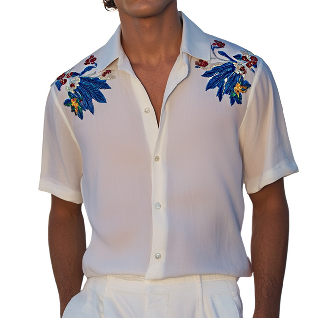 Men's Floral Beaded Lapel Shirt | Retro Casual Short Sleeve | Heavy Bead Design | Breathable Cotton | Stylish Summer Outfit | Versatile Size Range | Perfect for Casual Outings & Festivals