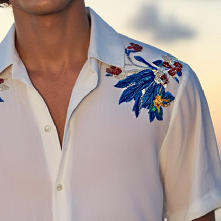 Men's Floral Beaded Lapel Shirt | Retro Casual Short Sleeve | Heavy Bead Design | Breathable Cotton | Stylish Summer Outfit | Versatile Size Range | Perfect for Casual Outings & Festivals