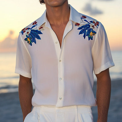 Men's Floral Beaded Lapel Shirt | Retro Casual Short Sleeve | Heavy Bead Design | Breathable Cotton | Stylish Summer Outfit | Versatile Size Range | Perfect for Casual Outings & Festivals