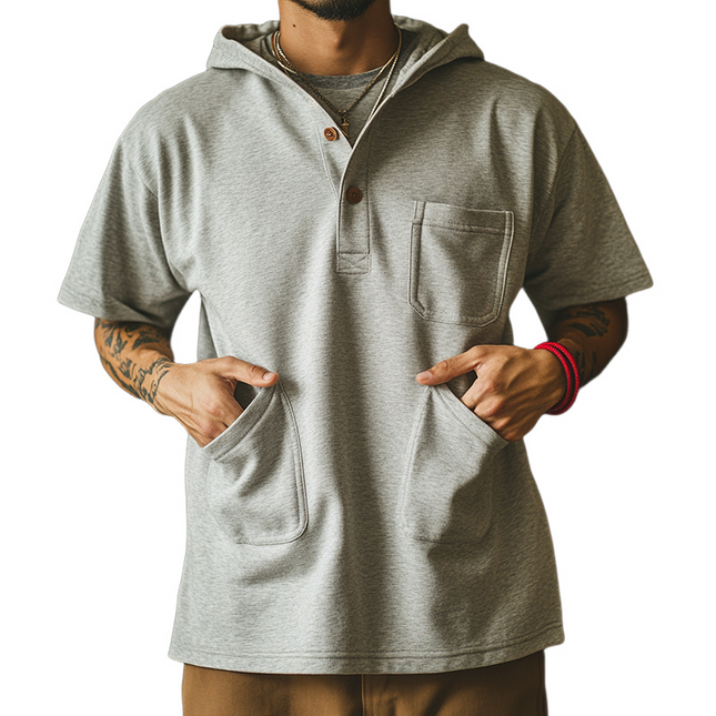 Men's Retro Hooded T-Shirt | Multi-Pocket Short Sleeve Tee | Casual Spring Summer Top | Breathable Cotton Blend | Stylish Comfortable Fit | Ideal for Outdoor Activities | Versatile Modern Wardrobe Essential