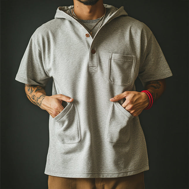 Men's Retro Hooded T-Shirt | Multi-Pocket Short Sleeve Tee | Casual Spring Summer Top | Breathable Cotton Blend | Stylish Comfortable Fit | Ideal for Outdoor Activities | Versatile Modern Wardrobe Essential