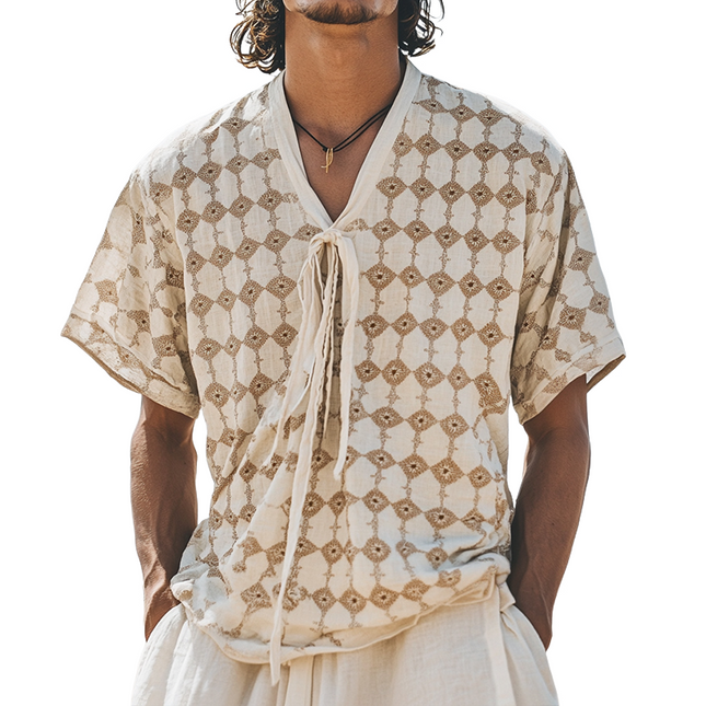Men's Retro V-Neck Shirt | Diamond Print Linen | Casual Short Sleeve | Summer Breathable Fabric | Comfortable Lightweight | Stylish Vintage Design | Sizes S-3XL