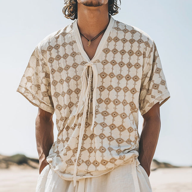 Men's Retro V-Neck Shirt | Diamond Print Linen | Casual Short Sleeve | Summer Breathable Fabric | Comfortable Lightweight | Stylish Vintage Design | Sizes S-3XL