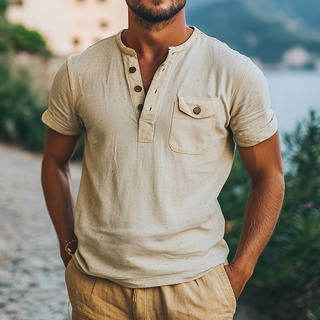 Men's Eco-Friendly Hemp T-Shirt | Short Sleeve Henley Collar | Summer Classic Casual | Breathable Moisture-Wicking Fabric | Versatile Fit for Everyday | Easy Care Durable Material