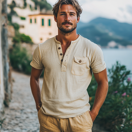 Men's Eco-Friendly Hemp T-Shirt | Short Sleeve Henley Collar | Summer Classic Casual | Breathable Moisture-Wicking Fabric | Versatile Fit for Everyday | Easy Care Durable Material