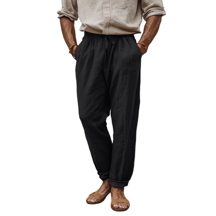 Men's Tapered Pants | Casual Breathable Cotton Linen | Elastic Waist | Loose Fit | Holiday Style | Lightweight Summer Trousers | Side & Back Pockets | Various Sizes | Easy Care | Versatile for Travel & Relaxation