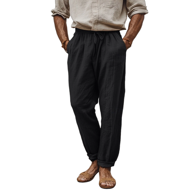 Men's Tapered Pants | Casual Breathable Cotton Linen | Elastic Waist | Loose Fit | Holiday Style | Lightweight Summer Trousers | Side & Back Pockets | Various Sizes | Easy Care | Versatile for Travel & Relaxation