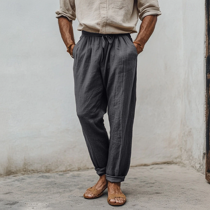 Men's Tapered Pants | Casual Breathable Cotton Linen | Elastic Waist | Loose Fit | Holiday Style | Lightweight Summer Trousers | Side & Back Pockets | Various Sizes | Easy Care | Versatile for Travel & Relaxation