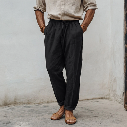 Men's Tapered Pants | Casual Breathable Cotton Linen | Elastic Waist | Loose Fit | Holiday Style | Lightweight Summer Trousers | Side & Back Pockets | Various Sizes | Easy Care | Versatile for Travel & Relaxation