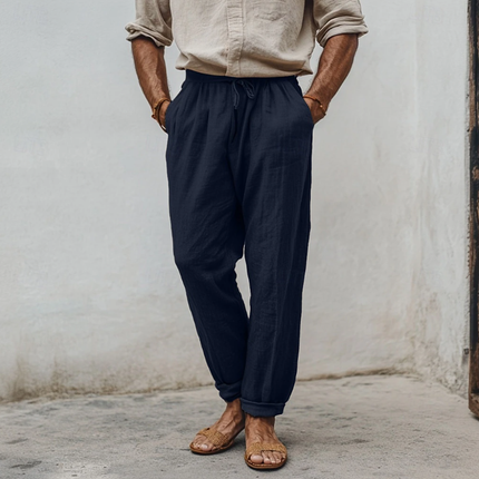 Men's Tapered Pants | Casual Breathable Cotton Linen | Elastic Waist | Loose Fit | Holiday Style | Lightweight Summer Trousers | Side & Back Pockets | Various Sizes | Easy Care | Versatile for Travel & Relaxation