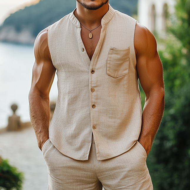 Men's Sleeveless Shirt | Eco-Friendly Hemp | Stand Collar | Summer Casual | Vacation Style | Breathable & Lightweight | Relaxed Fit | Versatile Outdoor Top | Sustainable Fashion | Comfortable & Easy Care