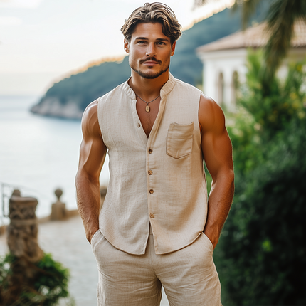 Men's Sleeveless Shirt | Eco-Friendly Hemp | Stand Collar | Summer Casual | Vacation Style | Breathable & Lightweight | Relaxed Fit | Versatile Outdoor Top | Sustainable Fashion | Comfortable & Easy Care