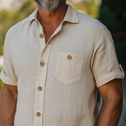 Men's Eco-Friendly Hemp Shirt | Casual Vacation Style | Short-Sleeved | Breathable Fabric | Chest Pocket | Summer Comfort | Relaxed Fit | Versatile Styling | Sustainable Apparel