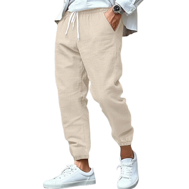 Men's Tapered Casual Pants | Breathable Cotton Linen | Elastic Waist | Holiday Style | Lightweight & Comfortable | Adjustable Drawstring | Versatile for Travel & Everyday Wear | Multiple Sizes & Pockets