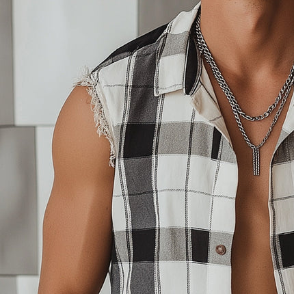 Men's Casual Tank Top | Summer Cotton Linen Blend | Plaid Print | Raw Edge Detailing | Breathable | Trendy Apparel | Sleeveless Shirt | Versatile Fashion | Easy Movement | Comfortable Fit