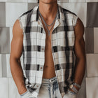 Men's Casual Tank Top | Summer Cotton Linen Blend | Plaid Print | Raw Edge Detailing | Breathable | Trendy Apparel | Sleeveless Shirt | Versatile Fashion | Easy Movement | Comfortable Fit