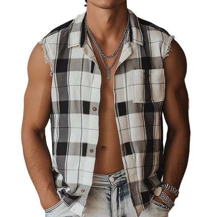 Men's Casual Tank Top | Summer Cotton Linen Blend | Plaid Print | Raw Edge Detailing | Breathable | Trendy Apparel | Sleeveless Shirt | Versatile Fashion | Easy Movement | Comfortable Fit