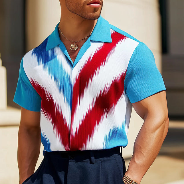Men's Summer Fashion | Colorblock Knitted Short Sleeve Shirt | Modern Design | Comfortable Cotton Blend | Relaxed Fit | Lapel Neck | Casual Wear | Breathable Fabric | Versatile Wardrobe Essential