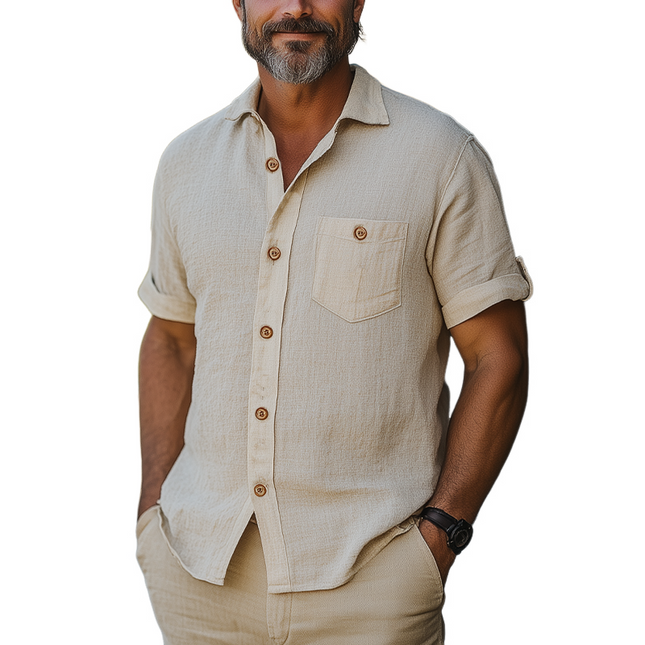 Men's Eco-Friendly Hemp Shirt | Casual Vacation Style | Short-Sleeved | Breathable Fabric | Chest Pocket | Summer Comfort | Relaxed Fit | Versatile Styling | Sustainable Apparel