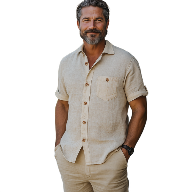 Men's Eco-Friendly Hemp Shirt | Casual Vacation Style | Short-Sleeved | Breathable Fabric | Chest Pocket | Summer Comfort | Relaxed Fit | Versatile Styling | Sustainable Apparel