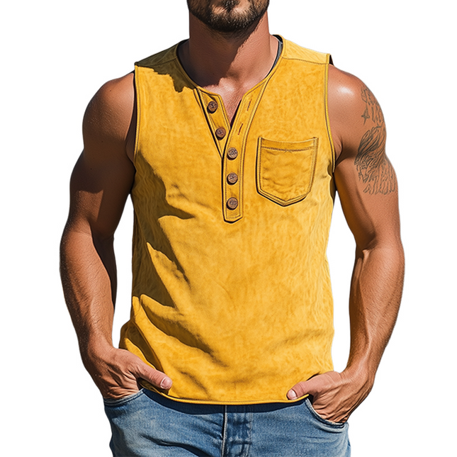 Men's Summer Retro Western V-Neck Slim Fit Suede Tank Top | Casual Fashion | Lightweight Breathable | Stylish | Versatile Layering | Comfortable Thin Material | Chic Modern Design | Summer Wardrobe Essential