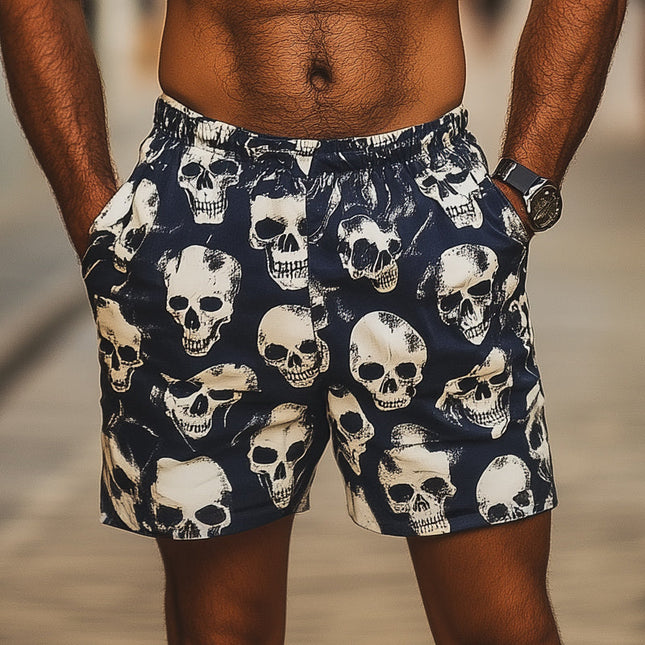 Men's Summer Casual Shorts | Skull Print | Cotton Polyester Blend | Elastic Waistband | Adjustable Drawstring | Side Pockets | Breathable | Lightweight | Durable | S-3XL | Ideal for Beach Music Festival