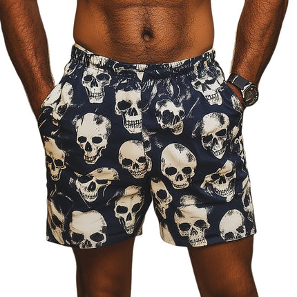 Men's Summer Casual Shorts | Skull Print | Cotton Polyester Blend | Elastic Waistband | Adjustable Drawstring | Side Pockets | Breathable | Lightweight | Durable | S-3XL | Ideal for Beach Music Festival