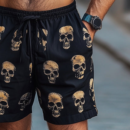 Men's Summer Skull Print Shorts | Casual Elastic Lace-up Design | Breathable Cotton-Polyester Blend | Mid-Thigh Length | Sizes S-3XL | Trendy Beach & Everyday Wear