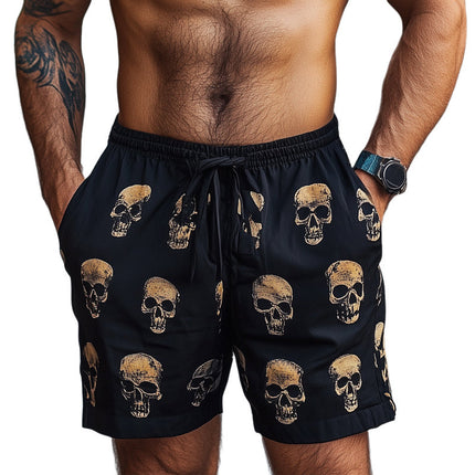 Men's Summer Skull Print Shorts | Casual Elastic Lace-up Design | Breathable Cotton-Polyester Blend | Mid-Thigh Length | Sizes S-3XL | Trendy Beach & Everyday Wear