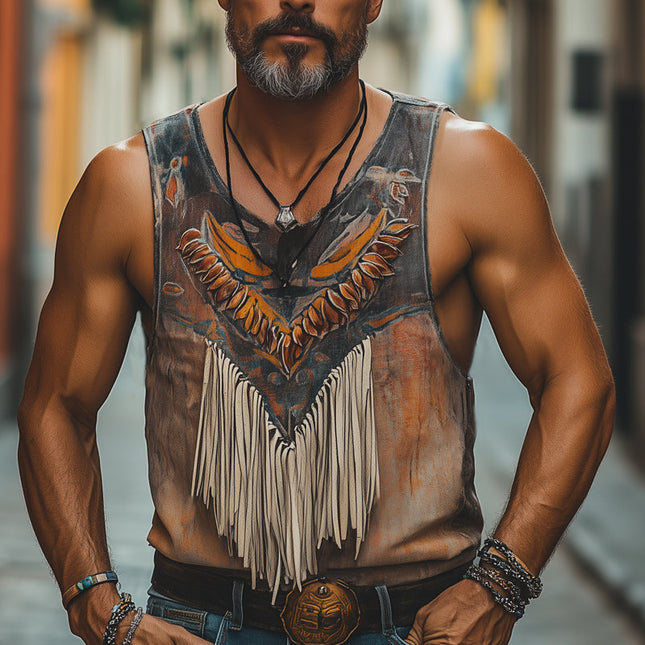 Men's Tank Top | Retro Oil Painting Print | Tassel Stitching | Art-Inspired Fashion | High-Quality Cotton Blend | Relaxed Fit | Summer Style | Music Festival Wear | Sizes S to 3XL | Bohemian Flair