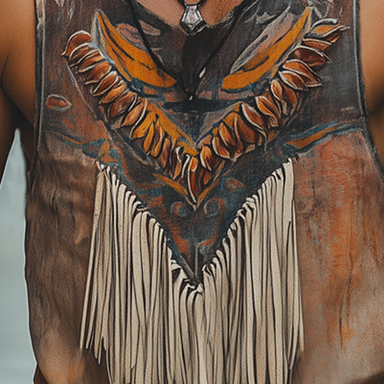 Men's Tank Top | Retro Oil Painting Print | Tassel Stitching | Art-Inspired Fashion | High-Quality Cotton Blend | Relaxed Fit | Summer Style | Music Festival Wear | Sizes S to 3XL | Bohemian Flair