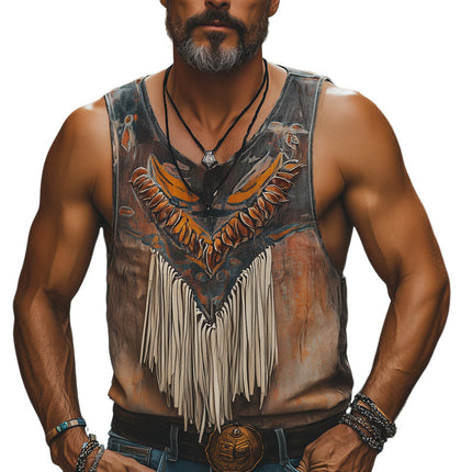 Men's Tank Top | Retro Oil Painting Print | Tassel Stitching | Art-Inspired Fashion | High-Quality Cotton Blend | Relaxed Fit | Summer Style | Music Festival Wear | Sizes S to 3XL | Bohemian Flair