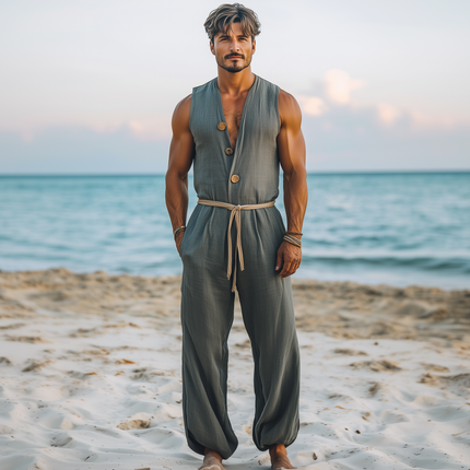 Men's Jumpsuit | Summer Fashion | Hawaiian Style | Cotton Linen Blend | Deep V-Neck | Wooden Buckle Detail | Elastic Leg Openings | Beach Vacation | Casual Outing | Breathable Comfortable One-Piece