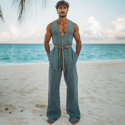 Men's Summer Jumpsuit | Hawaiian Style | Cotton Linen Blend | Wood Button Detail | Deep V-Neck | Beach Vacation Outfit | Breathable & Soft Fabric | Relaxed Fit | Perfect for Casual Gatherings & Tropical Destinations