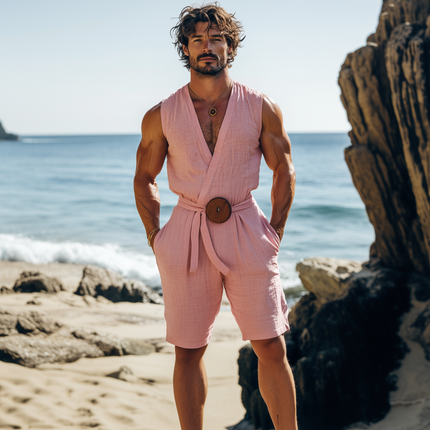 Men's Hawaiian Summer Jumpsuit | Cotton Linen Blend | Deep V-Neck | Fabric Belt Included | Casual Beachwear | Lightweight & Breathable | Versatile Styling for Summer Outings