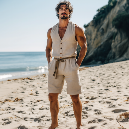 Men's Casual Hawaiian Style Jumpsuit | Cotton Linen Blend | Wooden Button Details | Summer Holiday Outfit | Breathable & Relaxed Fit | Lightweight | Versatile Fashion | Beach & Vacation Clothing