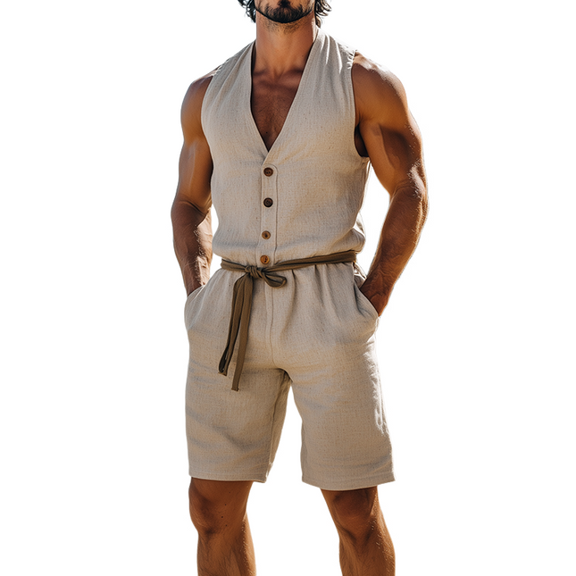 Men's Casual Hawaiian Style Jumpsuit | Cotton Linen Blend | Wooden Button Details | Summer Holiday Outfit | Breathable & Relaxed Fit | Lightweight | Versatile Fashion | Beach & Vacation Clothing