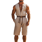 Men's Cotton Linen Jumpsuit | Summer Fashion Casual Style | Hawaiian Vacation Wear | Deep V-Neck | Relaxed Fit | Breathable Fabric | Versatile One-Piece | Perfect for Beach Outings and Gatherings