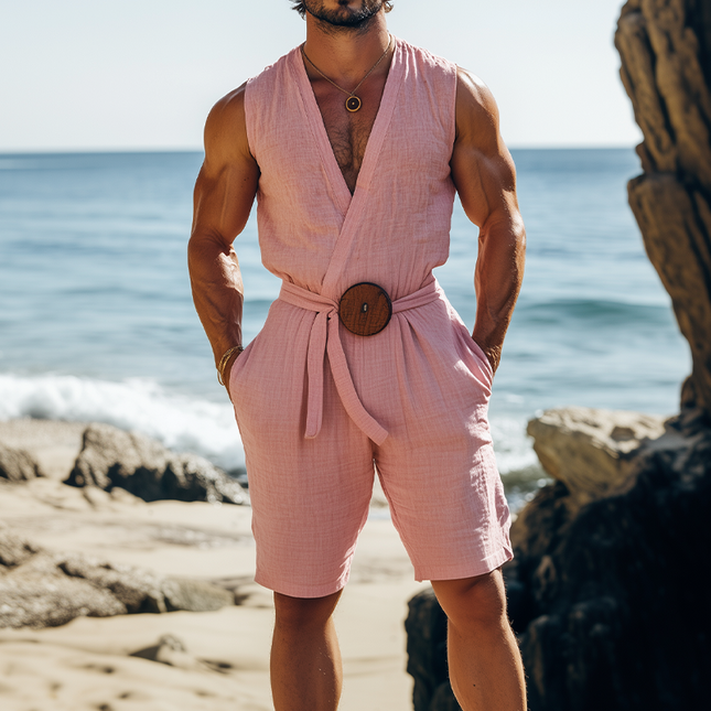 Men's Hawaiian Summer Jumpsuit | Cotton Linen Blend | Deep V-Neck | Fabric Belt Included | Casual Beachwear | Lightweight & Breathable | Versatile Styling for Summer Outings
