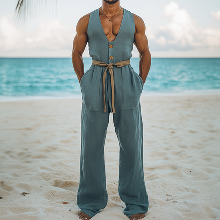 Men's Summer Jumpsuit | Hawaiian Style | Cotton Linen Blend | Wood Button Detail | Deep V-Neck | Beach Vacation Outfit | Breathable & Soft Fabric | Relaxed Fit | Perfect for Casual Gatherings & Tropical Destinations