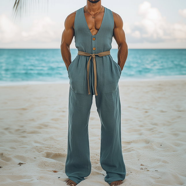 Men's Summer Jumpsuit | Hawaiian Style | Cotton Linen Blend | Wood Button Detail | Deep V-Neck | Beach Vacation Outfit | Breathable & Soft Fabric | Relaxed Fit | Perfect for Casual Gatherings & Tropical Destinations