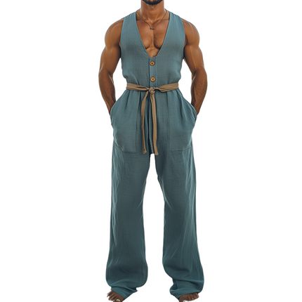 Men's Summer Jumpsuit | Hawaiian Style | Cotton Linen Blend | Wood Button Detail | Deep V-Neck | Beach Vacation Outfit | Breathable & Soft Fabric | Relaxed Fit | Perfect for Casual Gatherings & Tropical Destinations