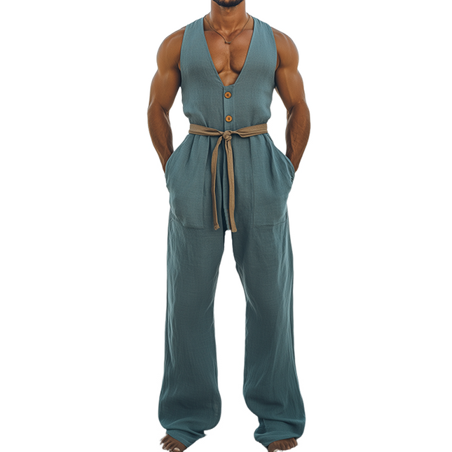 Men's Summer Jumpsuit | Hawaiian Style | Cotton Linen Blend | Wood Button Detail | Deep V-Neck | Beach Vacation Outfit | Breathable & Soft Fabric | Relaxed Fit | Perfect for Casual Gatherings & Tropical Destinations