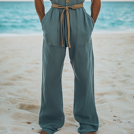 Men's Summer Jumpsuit | Hawaiian Style | Cotton Linen Blend | Wood Button Detail | Deep V-Neck | Beach Vacation Outfit | Breathable & Soft Fabric | Relaxed Fit | Perfect for Casual Gatherings & Tropical Destinations