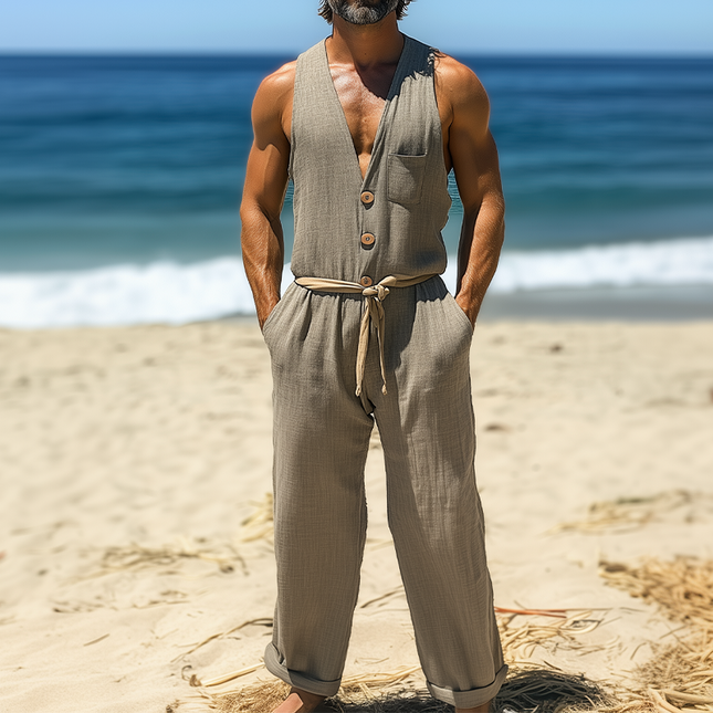 Men's Cotton Linen Jumpsuit | Summer Casual Hawaiian Style | Beach Vacation Outfit | Pocket Design | Lightweight | Breathable | Relaxed Fit | Ideal for Casual Gatherings