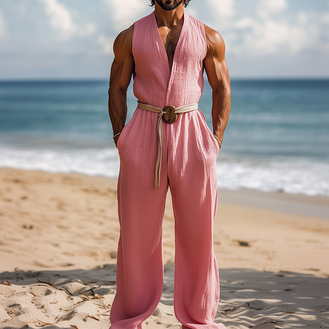 Men's Summer Jumpsuit | Hawaiian Vacation Style | Cotton Linen Blend | Deep V-Neck | Relaxed Fit | Versatile Outfit | Lightweight & Breathable | Beach Ready | Casual Wear