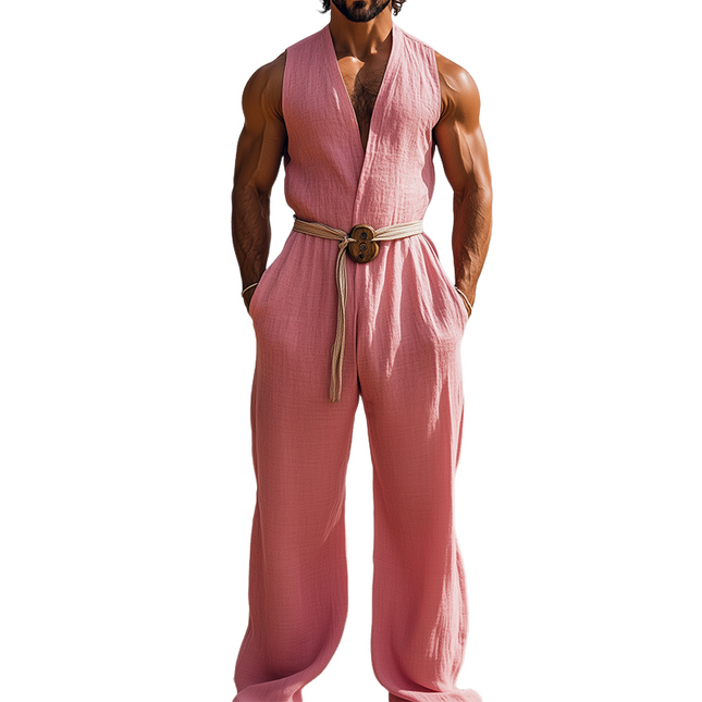 Men's Summer Jumpsuit | Hawaiian Vacation Style | Cotton Linen Blend | Deep V-Neck | Relaxed Fit | Versatile Outfit | Lightweight & Breathable | Beach Ready | Casual Wear