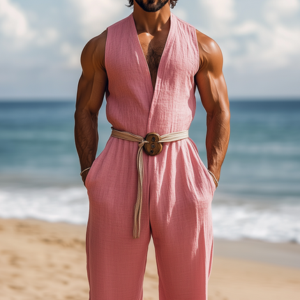 Men's Summer Jumpsuit | Hawaiian Vacation Style | Cotton Linen Blend | Deep V-Neck | Relaxed Fit | Versatile Outfit | Lightweight & Breathable | Beach Ready | Casual Wear