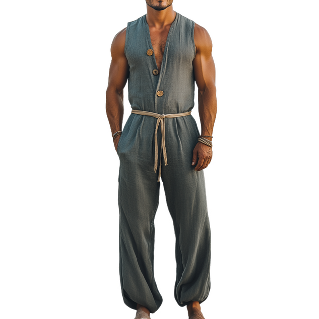 Men's Jumpsuit | Summer Fashion | Hawaiian Style | Cotton Linen Blend | Deep V-Neck | Wooden Buckle Detail | Elastic Leg Openings | Beach Vacation | Casual Outing | Breathable Comfortable One-Piece