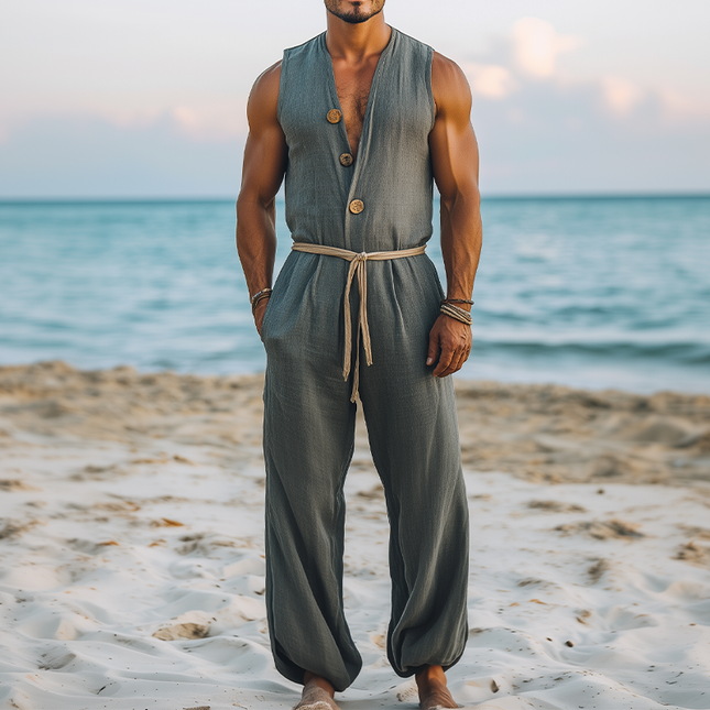 Men's Jumpsuit | Summer Fashion | Hawaiian Style | Cotton Linen Blend | Deep V-Neck | Wooden Buckle Detail | Elastic Leg Openings | Beach Vacation | Casual Outing | Breathable Comfortable One-Piece
